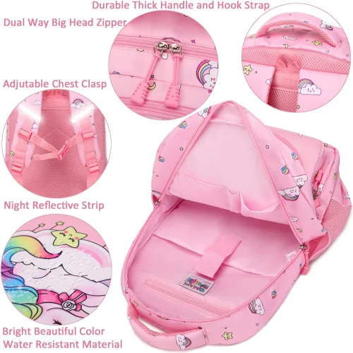 Vista 12 de Juego de mochila para niñas y adolescentes, mochila escolar para niños con bolsa para el almuerzo, estuche para lápices, mochilas escolares