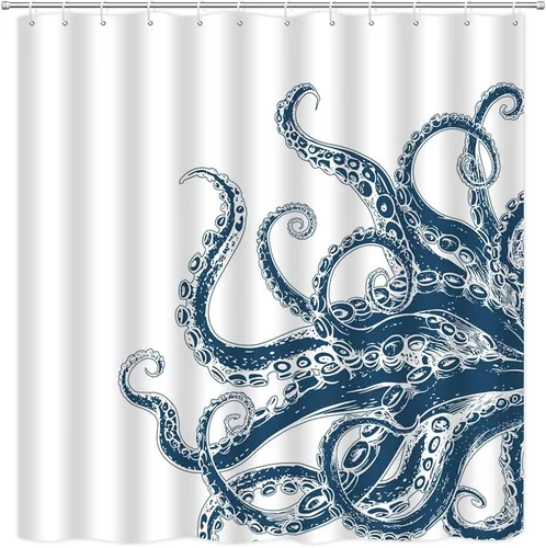 Vista 8 de Cortina de ducha de tentáculo de pulpo, diseño de kraken de océano blanco y negro, divertido animal náutico, vida marina, fresco, moderno, único