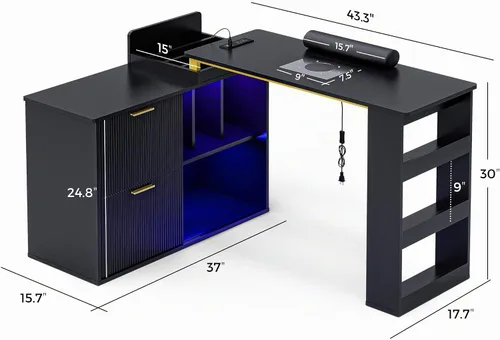 Vista 7 de Mesa de manicura con luz LED, mesa de uñas en forma de L con colector de polvo y tomas de corriente, estación de uñas de esquina de longitud