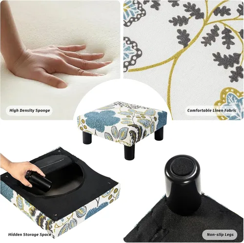 Vista 7 de Joveco Taburete pequeño otomano, reposapiés cuadrado tapizado de tela para sofá, debajo del escritorio, oficina, sala de estar, azul floral