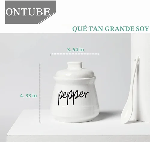 Vista 3 de ONTUBE Cuencos de cerámica para sal y pimienta con tapa y cuchara 12oz (blanco)
