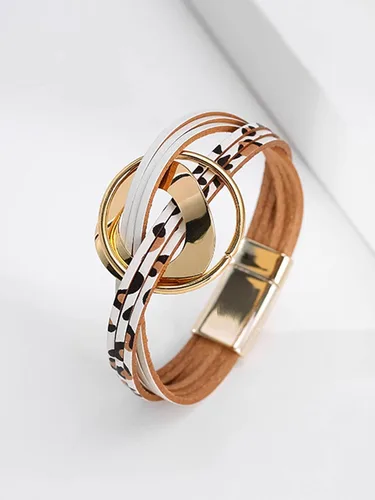 Vista 5 de Pulsera de cuero circular multicapa para mujer, estilo bohemio, geométrico, para hombre, cierre magnético, para adolescentes y niñas