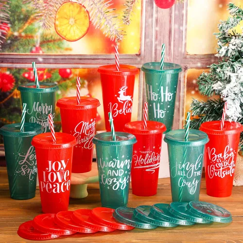 Vista 5 de Tioncy 50 vasos de plástico de Navidad con tapas y popote a granel, vasos de plástico de Navidad reutilizables de 25 onzas, tazas de Navidad
