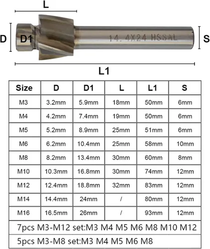 Vista 2 de Broca de taladro HSS de 4 flautas para fresado de molino de extremo de avellanado para perforación de madera/metal, M14.4x24x12x80