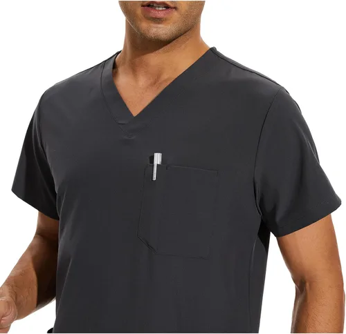 Vista 4 de COZYFIT Conjunto de ropa quirúrgica para hombre camiseta elástica con cuello en V y pantalón deportivo con 8 bolsillos, cintura de yoga, ropa