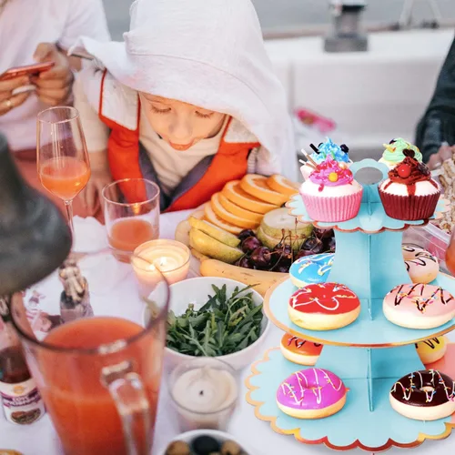 Vista 5 de Rocutus Soporte para cupcakes, 3 juegos de platos de postre de 3 niveles, mini pasteles, frutas, dulces, torre de exhibición de galletas, soporte