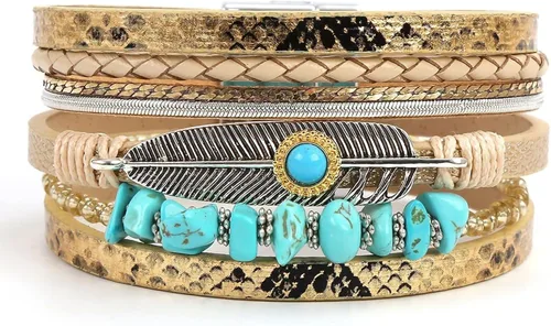 Vista 47 de Fesciory - Pulsera de leopardo para mujer, estilo bohemio de cuero multicapa con perlas de cristal