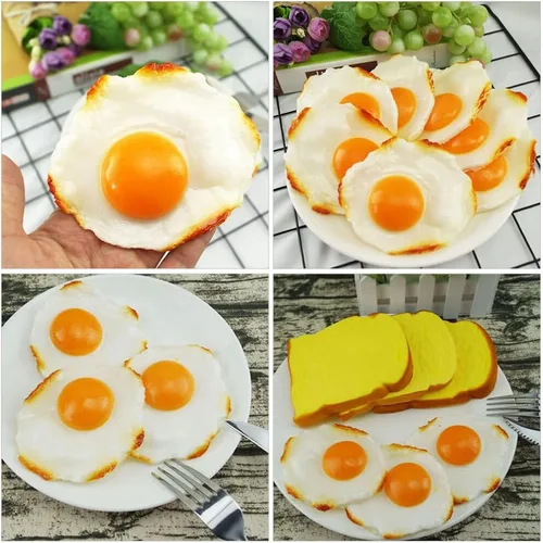 Vista 4 de Modelos de huevos fritos simulados, 4 piezas de huevos fritos falsos, juguetes de comida para niños, decoración de cocina, accesorios para fotos