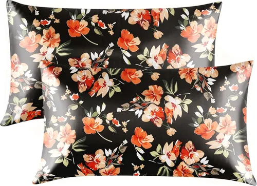 Vista 22 de EXQ Home - Funda de almohada de satén para cuidar el cabello y la piel, tamaño estándar, de seda con estampado negro, juego de 2 fundas con cierre