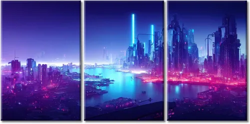 Vista 74 de Cuadros de 3 paneles de Cyberpunk City - Arte de pared de vallas publicitarias de edificios modernos en la capital con obras de arte modernas