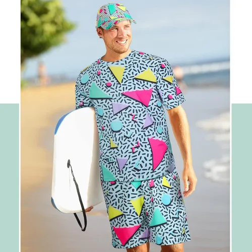 Vista 4 de Handepo Conjunto retro de los años 80 y 90 para hombre, 2 piezas, camiseta hippie y pantalón corto con sombrero para disfraz de fiesta de discoteca