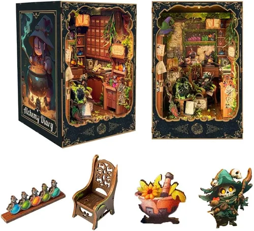 Vista 16 de Kit de rincón de lectura - Kit de casa de muñecas DIY en miniatura de madera con cubierta de polvo, estantería decorativa, rompecabezas 3D