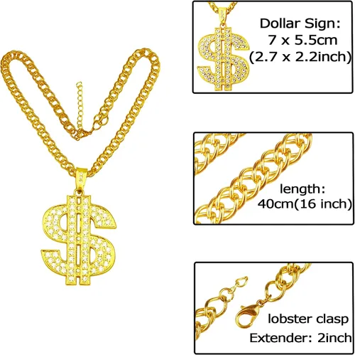 Vista 2 de FUNKA Collar de perro con cadena dorada ajustable de eslabones cubanos con colgante de signo de dólar de cristal, cadena de joyería para mascotas