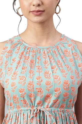 Vista 6 de Janasya Vestido indio de algodón verde menta con estampado floral de bloques para mujer