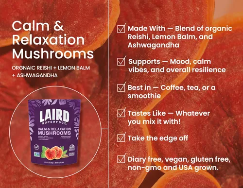 Vista 3 de Laird Superfood Mezcla orgánica de hongos Calm and Relax con Reishi, bálsamo de limón y Ashwagandha, bolsa de 3.17 onzas, paquete de 1