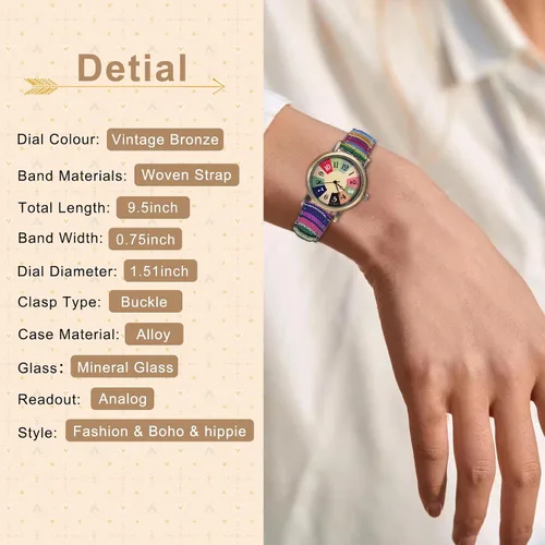 Vista 4 de Relojes para mujer - Boho Hippie para mujer, reloj arcoíris tejido de piel sintética