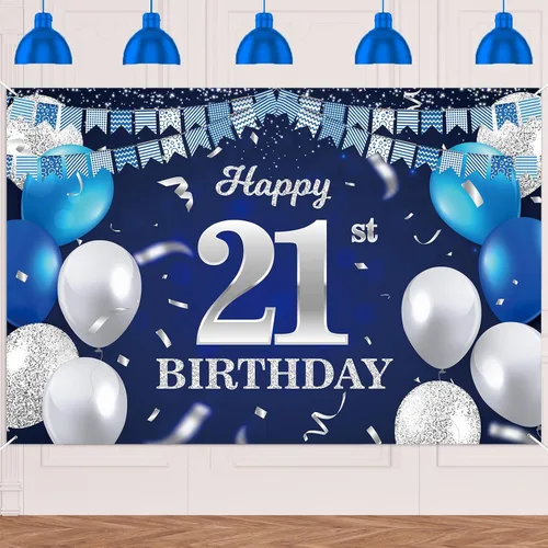 Vista 57 de Bandera de feliz primer cumpleaños con fondo azul marino, globos, confeti, bandera de rayas, luces de puntos, felicitaciones por el tema de 1 año