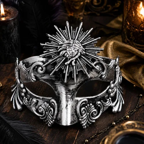 Vista 5 de LOGOFUN Retro Roman Sun God Mask Venetian Masquerade Face Prop - Silver