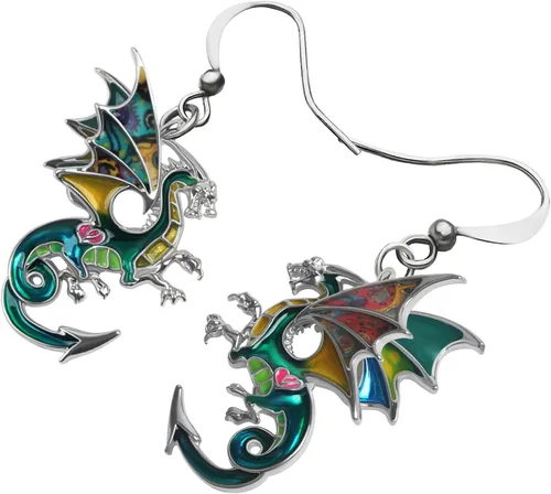 Vista 3 de Aretes de dragón de fantasía de dinosaurio de aleación esmaltada, colgantes únicos, joyería de animales para mujeres, regalos de dragones