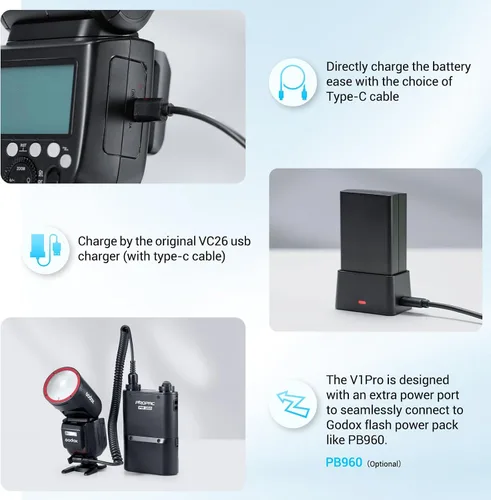 Vista 4 de Godox V1Pro-C versión USA Flash para Canon, V1Pro-CU Flash de cámara Speedlite con subflash desmontable, batería de carga USB-C, luz de modelado