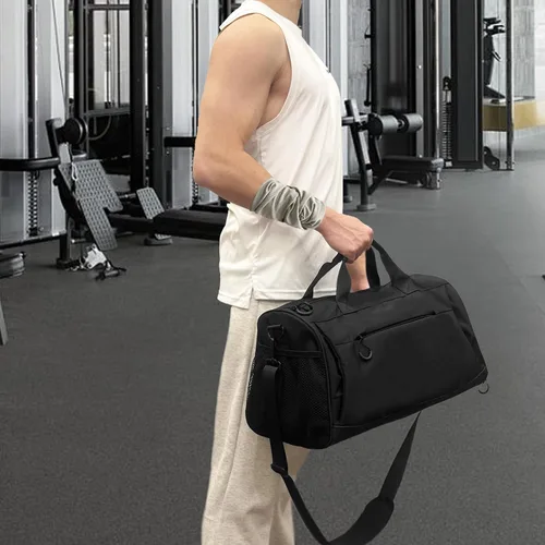 Vista 5 de Bolsa de gimnasio para hombres y mujeres con correa para el hombro, compartimento para zapatos y húmedos, bolsa de lona ligera, bolsa atlética