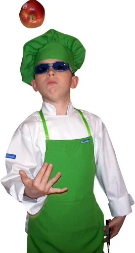 Vista 2 de CHEFSKIN Juego de delantal y sombrero de chef verde lima, tela ultraligera, ajustable suave (niños pequeños (12-36 meses))