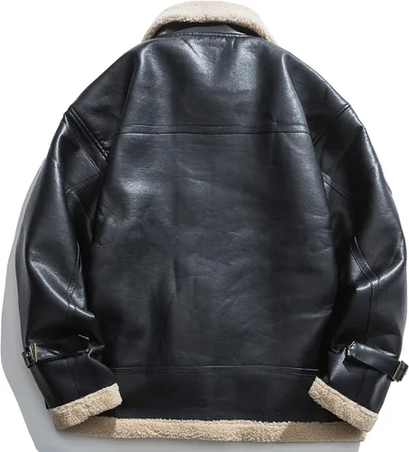 Vista 3 de Aelfric Eden Chaqueta de poliuretano para hombre, chaqueta universitaria de gran tamaño, cierre de cremallera, casual, retazos, cuello de cordero