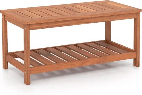 Vista 9 de Giantex Mesa de centro de madera dura para patio, mesa de centro de madera de 2 niveles con mesa de listones y estante de almacenamiento, mesa