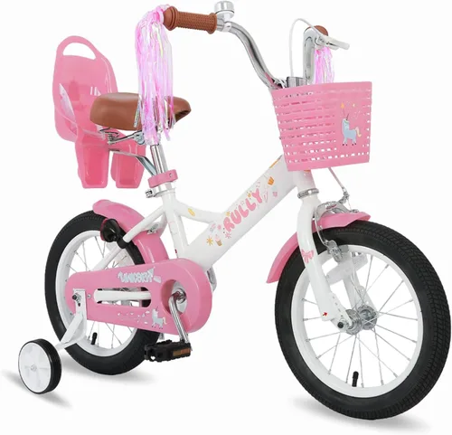 Vista 7 de RULLY Bicicleta para niños de 12, 14, 16 pulgadas, para niñas de 2 a 7 años con ruedas de entrenamiento y freno de mano delantero, bicicleta