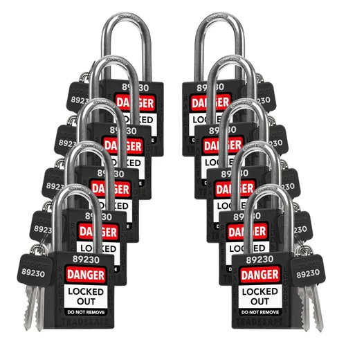 Vista 21 de TRADESAFE Juego de cerraduras de bloqueo - 7 candados iguales con llave roja, 2 llaves por cerradura, cerraduras Loto compatibles con OSHA