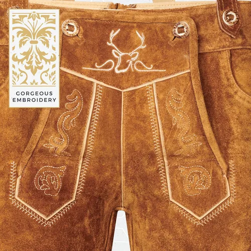 Vista 7 de BAVARIA TRACHTEN Lederhosen - Ropa alemana auténtica de cuero genuino para hombre traje del Oktoberfest color marrón claro corto