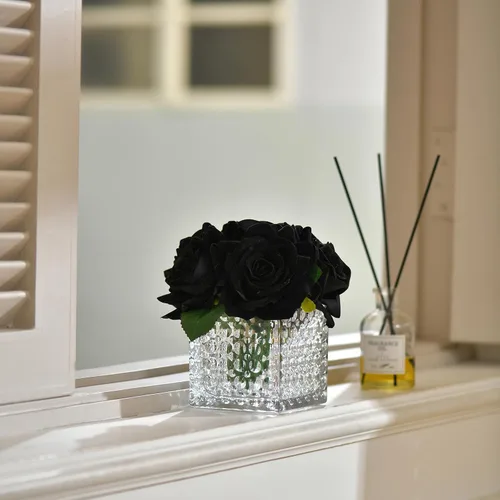 Vista 2 de Arreglo de centro de mesa de rosa artificial de seda en florero de vidrio con luz LED para decoración de bodas en el hogar (Negro)