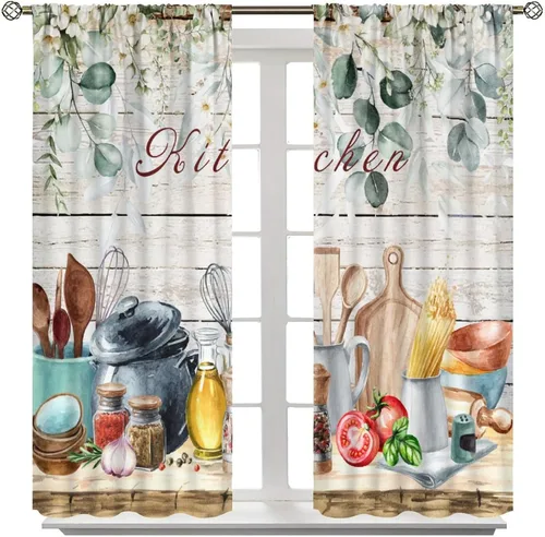 Vista 5 de Cortinas de cocina estilo retro, 2 paneles con bolsillo para cortinero, decoración de dormitorio, cocina, cafetería, 42 pulgadas de ancho x 45