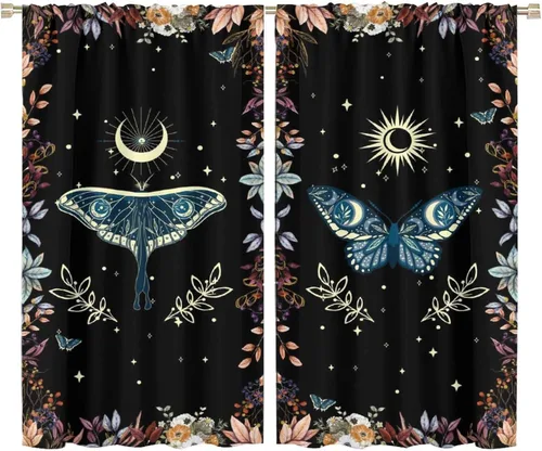 Vista 9 de Cortinas de mariposa de fantasía, polilla, sol, luna, estrella, arte floral, estampado floral, bolsillo para barra, cortinas opacas para ventana