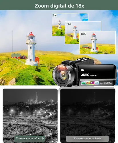 Vista 3 de Videocámara 4K 64MP para vlogging, cámara para YouTube, pantalla táctil de 3.0", zoom digital de 18 aumentos, visión nocturna IR con micrófono