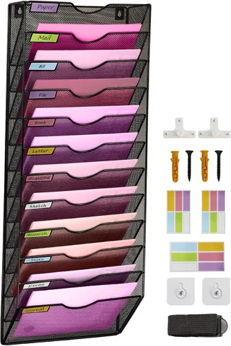 Vista 13 de Organizador de archivos de pared de malla con 1 bolsillo, organizador de archivos para colgar en la oficina, revistero, juego de ganchos