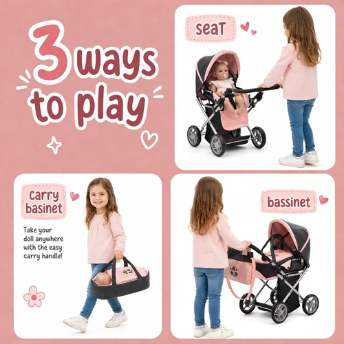 Vista 4 de Cochecito Convertible de Muñeca de Bebé con Portabebés de Viaje Extraíble para Niños, Mango Ajustable, Cochecito con Toldo y Cesta