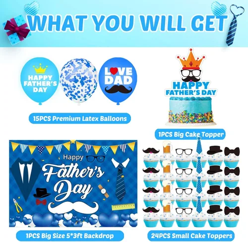 Vista 3 de Decoraciones de fiesta del día del padre, juego de suministros para fiesta del día del padre, incluyendo pancarta, remolinos colgantes, globos