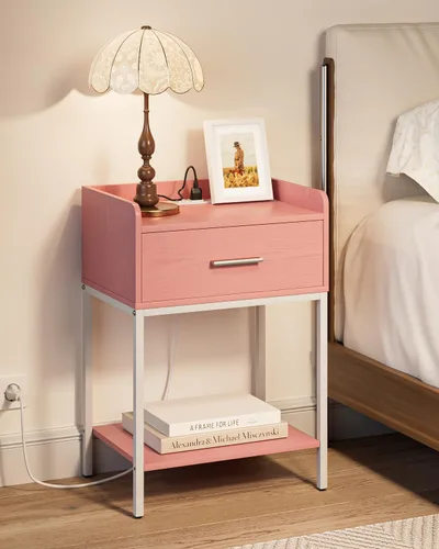 Vista 7 de Mesita de noche, mesita de noche moderna de 3 niveles, mesita de noche con cajón de almacenamiento y estante, mesa auxiliar pequeña para dormitorio
