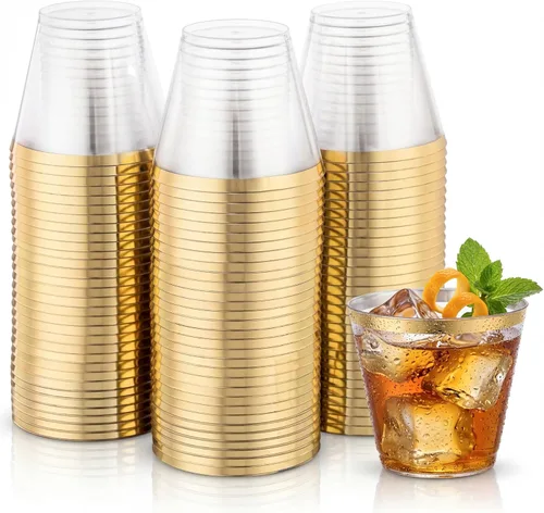 Vista 13 de Hioasis 100 vasos de plástico transparente de 9 onzas con ribete dorado, vasos desechables de plástico, resistentes y sin BPA para fiestas, bodas