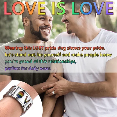 Vista 2 de FaithHeart Anillos para ansiedad LGBT Pride Rainbow, acero inoxidable/chapado en oro de 18 quilates, joyería de amor es amor para hombres y mujeres