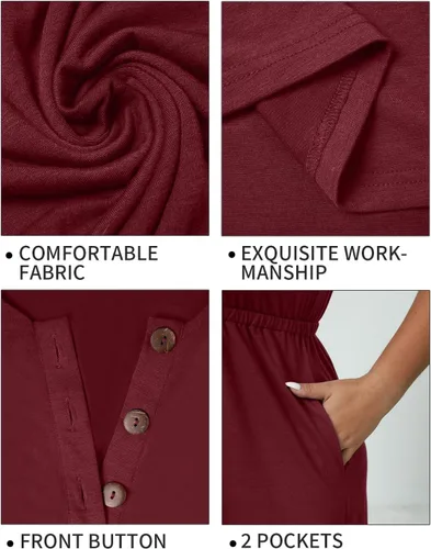 Vista 6 de Holipick Vestidos de verano para mujer, talla grande, casual, con bolsillos, acampanado, con botones, sin mangas, cuello en V