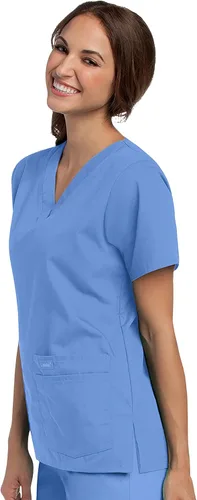 Vista 2 de Landau Essentials 8219 - Camiseta médica con cuello en V y 4 bolsillos para mujer Azul Ceil
