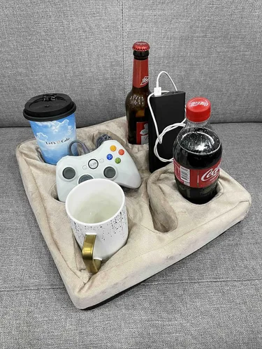 Vista 2 de Almohada para sofá y cama, bandeja de refrigerio de sofá para bebidas/control remoto/soporte para aperitivos (beige)