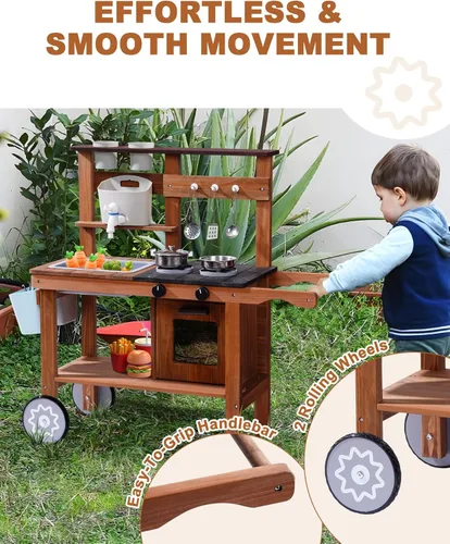 Vista 7 de ROBUD Cocina de barro para niños al aire libre con ruedas, cocina de madera al aire libre, cocina de barro para niños con fregadero y grifo