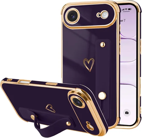 Vista 100 de LLZ.COQUE Funda compatible con iPhone 12 para mujeres y niñas, parachoques chapado de lujo con bonito diseño de corazón de amor, soporte de correa