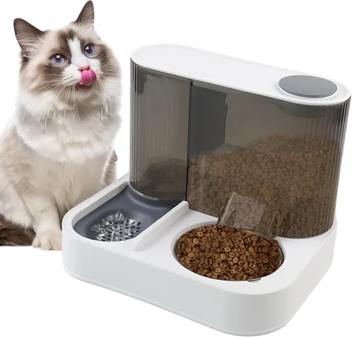 Vista 11 de Juego de dispensador automático de alimentos y agua para gatos, 2 en 1, comedero de gravedad todo en uno con tazón de comida para gatos de acero