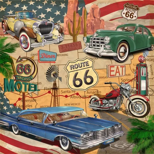 Vista 10 de BELECO Telón de fondo de fotografía con temática Route 66, tela de 5 x 3 pies, diseño retro de mapa de carretera, motel, motocicleta, autos, Arizona