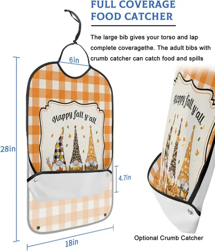 Vista 2 de QueenKer Funny Adult Bibs for Eating, Happy Fall Y'All Gnome Orange Plaid Waterproof Clothing Protector Washable Adult Bib with Crumb Catcher for