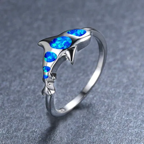 Vista 4 de Anillo de tiburón Bamos de 14 quilates chapado en oro blanco anillo de peces montado con ópalo para mujeres niñas hombres niños niños anillo
